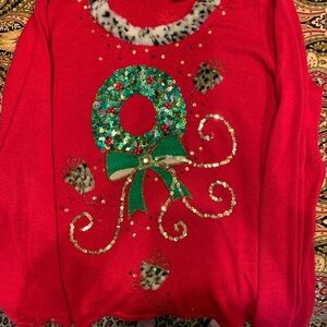 Berek Red Sweater with Sequin Wreath Design